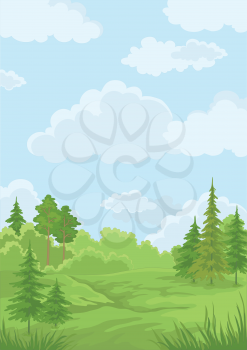 Landscape: summer green forest and blue sky. Vector illustration