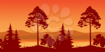 Seamless Horizontal Landscape, Pine Trees and Bushes on the Bank of a Mountain Lake, Silhouettes. Vector