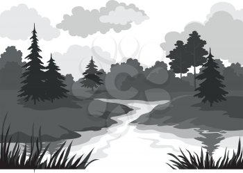 Landscape, trees and river, black and grey silhouette contour on white background. Vector