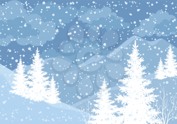 Winter mountain landscape with fir trees and snow, white and blue silhouettes. Vector