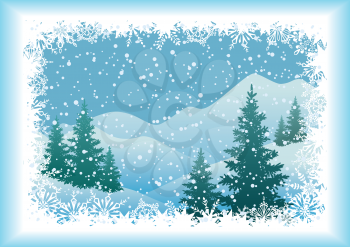 Winter mountain landscape with fir trees and snowflakes. Vector