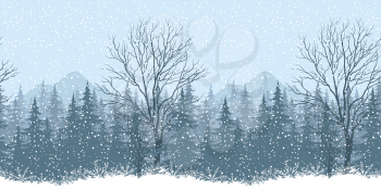 Seamless horizontal winter mountain landscape with trees and snow, silhouettes. Eps10, contains transparencies. Vector