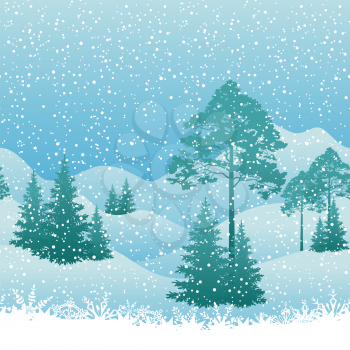 Seamless Horizontal Winter Christmas Mountain Woodland Landscape with Trees and Snowflakes Silhouettes. Vector