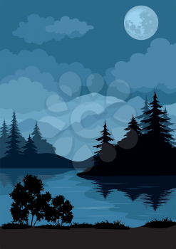 Night Landscape, Mountains Lake, Trees and Moon. Element of this Image Furnished by NASA, WWW.Visibleearth.Nasa.Gov. Vector
