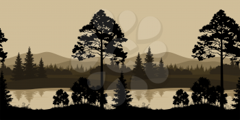 Seamless Horizontal Night Landscape, Trees, River and Mountains Silhouettes. Vector