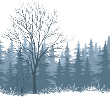 Winter woodland landscape with trees and snowflakes silhouettes. Eps10, contains transparencies. Vector
