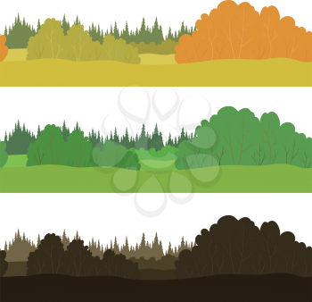 Set seamless backgrounds, landscapes with fir and deciduous trees - autumn, green summer and night forest. Vector