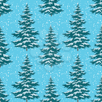 Seamless background, Christmas holiday trees against the blue sky with snow. Vector illustration