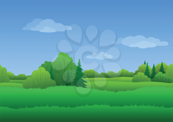 Seamless background, cartoon summer landscape: green forest and blue sky with white clouds. Vector