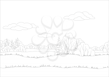Seamless background, landscape, forest, black contour on white background. Vector