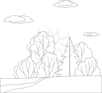 Landscape: forest with trees and sky with clouds, contours. Vector