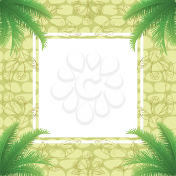 Background, green palm leaves, abstract pattern and frame. Vector