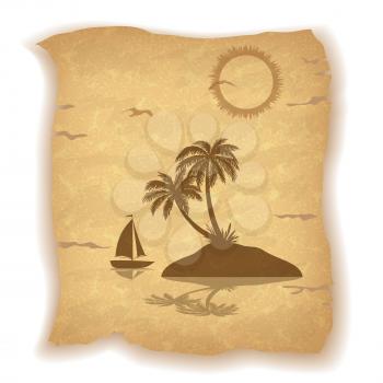 Tropical Landscape, Sea Island with Palm Trees, Ship, Sun and Bird Gull Silhouettes on Vintage Background of an Old Sheet of Paper
