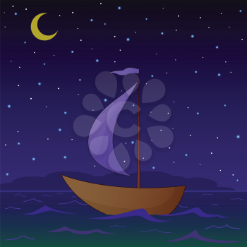 Ship floats under sails in the sea in the moonlight night