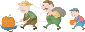 Cartoon grandfather, son and grandson farmers with harvest of pumpkins, carry on a trolley and carry. Vector illustration