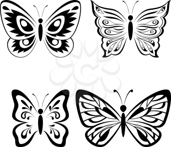 Set Butterflies Monochrome Black Pictograms Icons Isolated on White Background. Vector