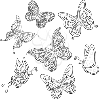 Set various butterflies, monochrome contours on a white background, vector
