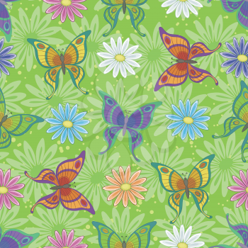 Seamless background, floral pattern, colorful butterflies and flowers. Vector
