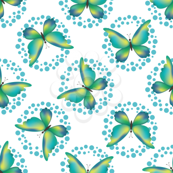 Seamless background, pattern of symbolical colorful butterflies and rings isolated on white. Vector