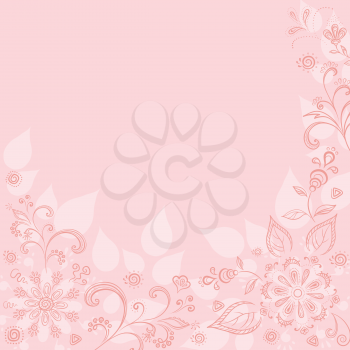 Abstract pink background with a symbolical outline flowers and leaves. Vector