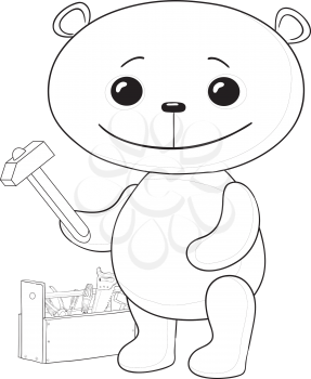 Cartoon, toy teddy bear worker with hammer and toolbox, contours. Vector