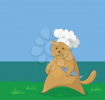 Cartoon, cat cook in hat with fish on the sea coast. Vector