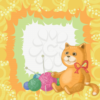 Cartoon cat against the background of accessories for knitting. Eps10, contains transparencies. Vector