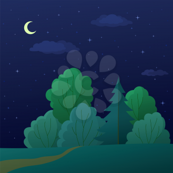 Landscape, night summer forest with green trees and the sky with moon and stars. Vector