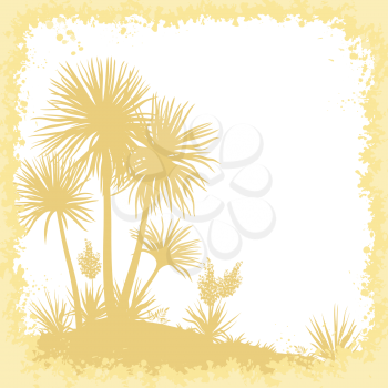 Tropical Landscape, Palms Trees, Yucca Flowers and Abstract Frame of Blots, Yellow Brown Silhouettes. Vector