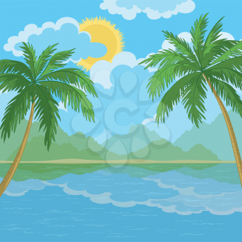 Tropical landscape, palm trees, sea island and sky with clouds and sun. Vector