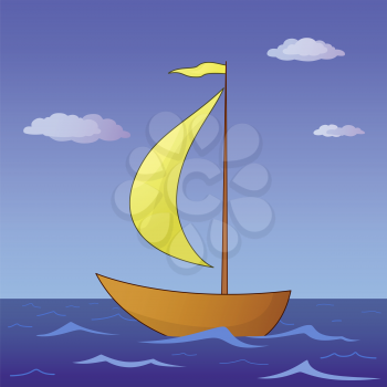 The ship sails floating on the ocean. Vector