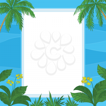 Frame of tropical flowers, palm leaves and blue sea waves with a blank white background. Vector