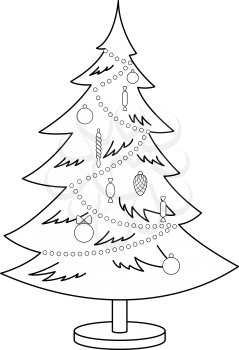 Christmas tree with toys and ornament, black contours isolated on white background. Vector
