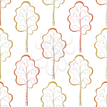 Abstract seamless background, autumn orange and yellow trees birches, pictograms. Vector illustration
