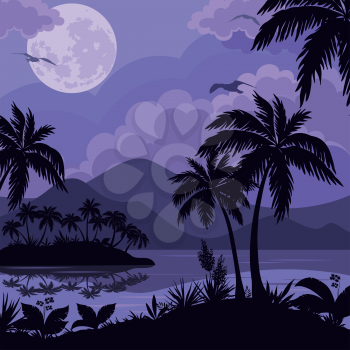 Exotic Tropical Night Landscape with Moonlit Sky, Sea Islands with Palm Trees And Flowers Silhouettes. Element of This Image Furnished by NASA, www.visibleearth.nasa.gov. Vector