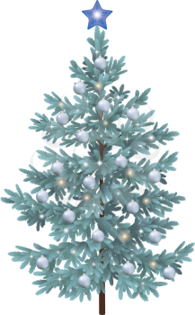 Christmas holiday spruce fir tree with ornaments, balls and stars, isolated on white background. Eps10, contains transparencies. Vector