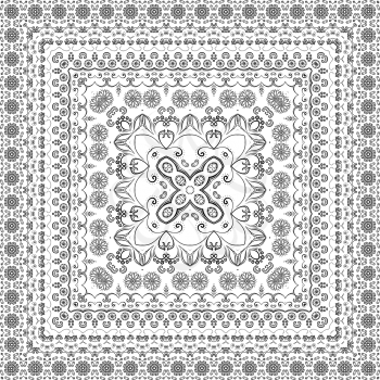 Seamless Symbolical Floral Pattern, Black Contours Isolated on White Background. Vector