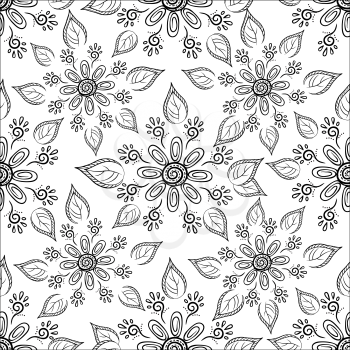 Seamless floral pattern, black symbolical contour flowers on white background. Vector