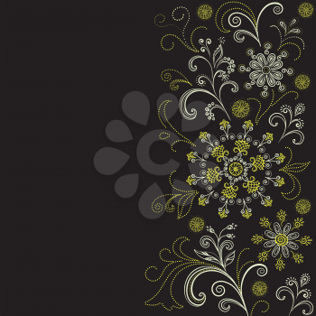 Abstract floral background, symbolical gold and white flowers on black. Vector