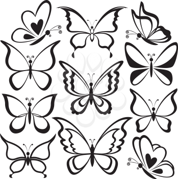 Various butterflies, black contours on white background. Vector