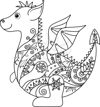 Cartoon Dragon with a floral pattern. Symbol of holiday East New year, black contour on white background. Vector
