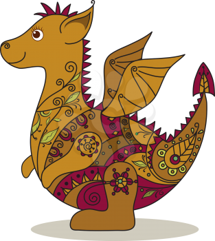 Cartoon Dragon with a floral pattern. Symbol of holiday East New year. Vector