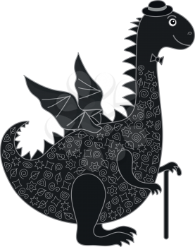 Symbol of holiday East New Years dragon in a hat with a cane, black silhouette with white lines. Vector