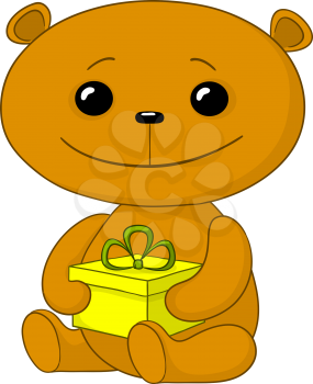 Teddy bear sits with a celebratory gift box in paws, isolated on white background. Vector