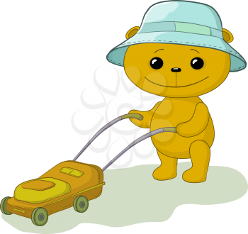 Cartoon, teddy bear lawnmower work with the lawn mower. Vector