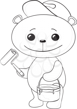 Cartoon toy teddy bear worker house painter with a tool and a bucket of paint, black contours isolated on white background. Vector