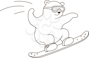 Teddy-bear sportsman goes for a drive on a snowboard. Winter picture. Contours