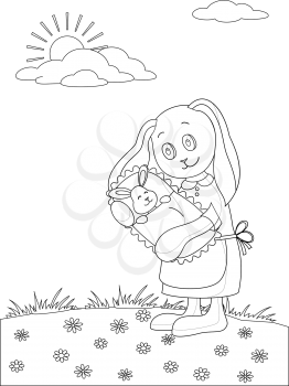 Cartoon rabbit mother with baby in a meadow, black contours isolated on white background. Vector
