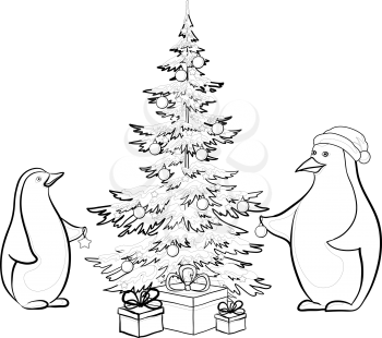 Antarctic emperor penguins decorate the Christmas tree, contours. Vector