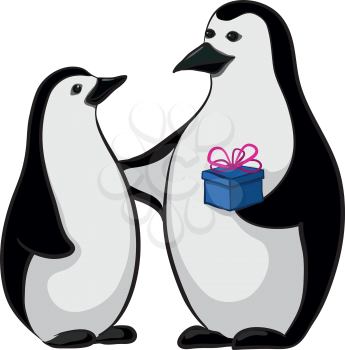 Antarctic black and white emperor penguins with a festive gift box. Vector